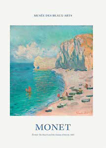 Monet poster featuring an impressionist coastal scene with cliffs, beach, boats and turquoise sea