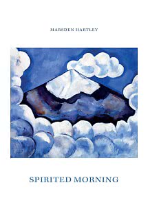 Poster con dipinto di una montagna innevata circondata da nuvole bianche su cielo blu