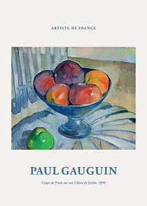 Affiche avec une peinture de Paul Gauguin montrant une coupe de fruits sur une chaise