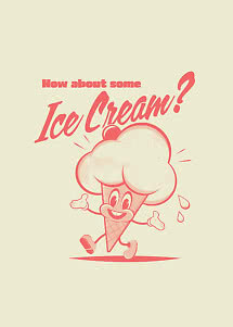 Retro illustration of a smiling ice cream cone with the text "How about some Ice Cream?"