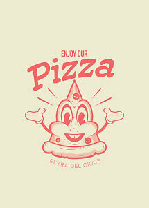Ilustración retro de pizza con porción sonriente y texto "Enjoy Our Pizza Extra Delicious"
