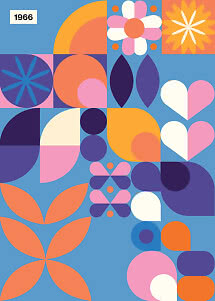 Kleurrijk retro patroon met bloemen, harten en geometrische vormen op blauwe achtergrond, met 1966