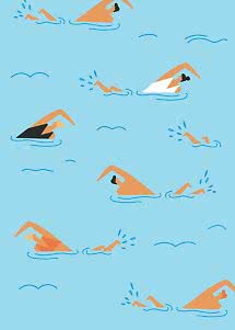 Pattern of stylized freestyle swimmers on a light blue background
