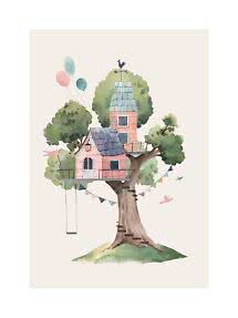 Watercolor of a pink treehouse with swing, balloons, and bunting in a leafy tree