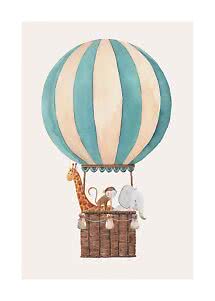 Akvarel af luftballon med blå striber og kurv med giraf, abe og elefant