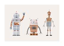 Akvarelillustration af tre søde retro-robotter på lys baggrund