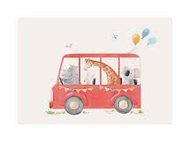 Watercolor of a red bus with a hippo, rabbit, giraffe and koala, plus balloons and birds