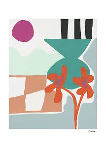 Abstrakt kunsttryk med pink cirkel, turkis vase, orange blomster og ternet bord