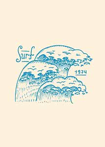 Blue line drawing of three ocean waves with the text "Surf 1974" on a beige background