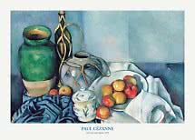 Stilleben af Cézanne med æbler i en skål, grøn krukke, flaske og hvid dug