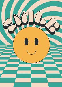 Smiley poster with yellow face, wavy teal background and checkered floor