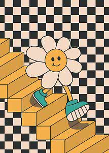 Illustration af smilende blomst med sko på gyldne trapper foran ternet baggrund
