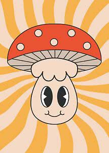 Champignon illustré mignon au chapeau rouge sur fond ondulé orange et beige