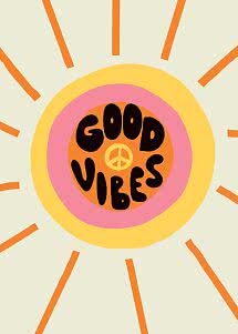 Retro-Illustration einer Sonne mit "Good Vibes"-Text und Friedenszeichen in der Mitte