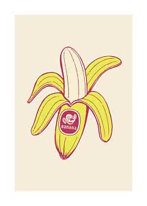 Illustration af en skrællet gul banan med et retro klistermærke på lys beige baggrund