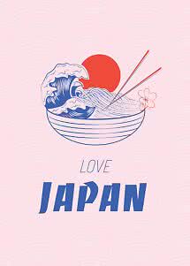 Illustration af ramen-skål med bølge, nudler, spisepinde og rød sol samt teksten "Love Japan"