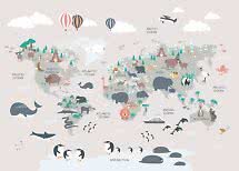 Carte du monde illustrée avec animaux, océans, montgolfières et avion au-dessus des continents