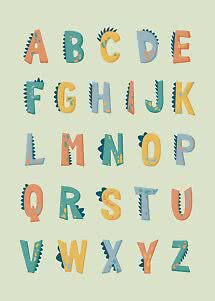 Colorful alphabet poster with playful dinosaur-style letters on a light green background