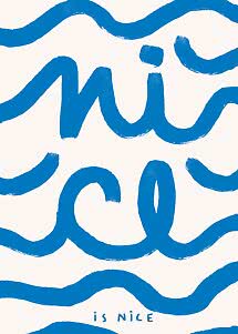 Poster astratto con forme ondulate blu e la scritta "nice" su sfondo bianco