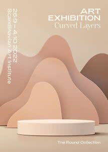 Art exhibition poster with beige layered waves and a round display podium.