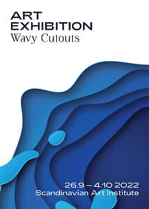 Art exhibition poster with layered blue wavy cutouts and the title "Wavy Cutouts"
