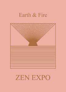 Poster mit "Earth & Fire" und "ZEN EXPO" sowie brauner geometrischer Sonnengrafik auf rosa Hintergrund