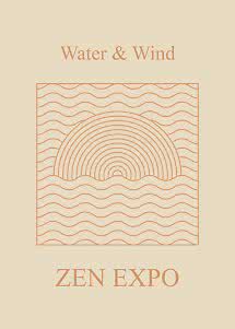 Beige plakat med orange bølger og halvcirkel, teksten "Water & Wind" og "ZEN EXPO".