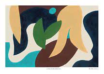 Affiche abstraite avec formes organiques bleu foncé, jaune, vert et turquoise