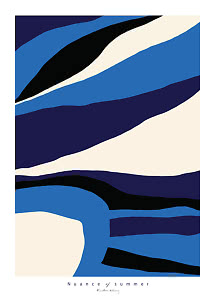 Abstract poster with wavy shapes in blue, cream, black and dark purple, with text "Nuance of summer"