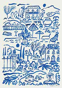 Blue and white landscape illustration with villas, trees, parasols, fountain and sea views