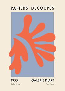 Abstract art poster with orange organic shape on blue background and French text.