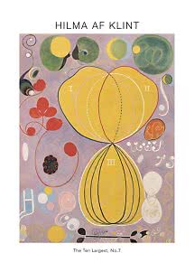 Abstract art print by Hilma af Klint with yellow forms, spirals and circles on a lilac background