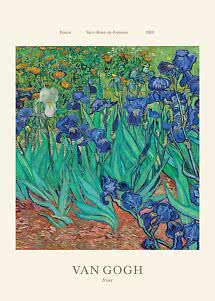 Poster di Iris di Van Gogh, con iris blu e bianchi in un giardino rigoglioso, con testo e data 1889.