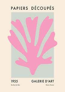 Abstract art poster with large pink leaf shape, "Papiers Découpés" text, and gallery details.