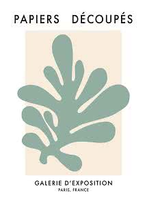 Poster astratto con forma di foglia verde salvia su sfondo beige e testo in francese