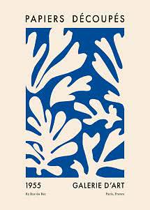 Abstract poster with blue cut-out leaf shapes on a cream background and French gallery text.