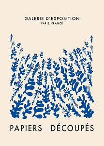 Poster with blue organic cutout shapes on beige background and text "Galerie d’Exposition, Paris, France".