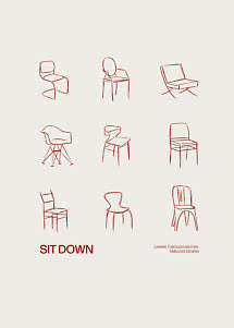 Plakat med ni røde stregtegninger af stole på beige baggrund og teksten "Sit Down".