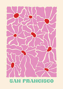 Abstracte poster van San Francisco met roze organische vormen, rode accenten en groene tekst onderaan
