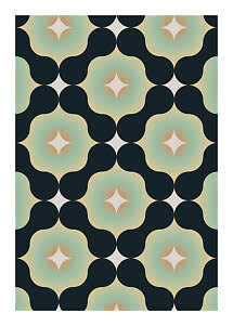 Abstract geometric pattern with dark shapes and soft gradient flower motifs in mint, beige and peach