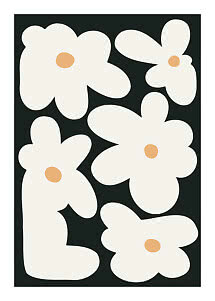 Stampa floreale astratta con grandi fiori color crema e centri arancio chiaro su sfondo nero