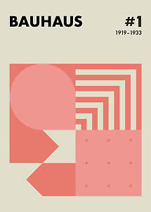 Bauhaus plakat med geometriske former i rosa og koral samt teksten #1 1919–1933