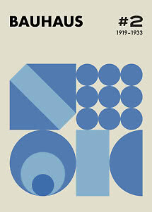 Plakat Bauhaus z niebieskimi geometrycznymi kształtami na beżowym tle i tekstem „#2 1919–1933”