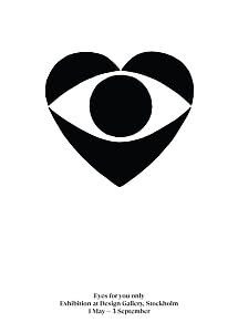 Poster minimalista con occhio nero a forma di cuore e testo di una mostra a Stoccolma.