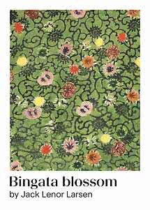 Estampado textil verde con enredaderas negras y flores dispersas en rosa, amarillo y naranja