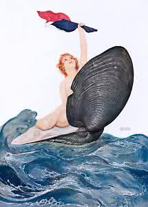 Illustration of a nude woman on a large shell in waves, raising a red, white and blue cloth