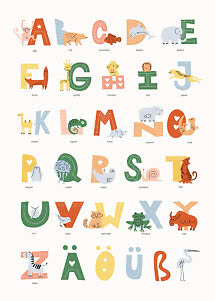 Colorful alphabet poster with cute animals integrated into letters on a light background
