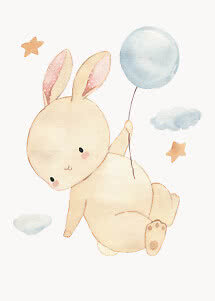 Watercolor of a cute beige bunny holding a blue balloon with clouds and stars