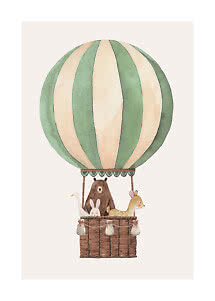 Illustration of a striped hot air balloon with a bear, rabbit, deer and goose in the basket