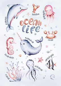 Watercolor poster of sea animals with "Ocean Life" text, including dolphin, narwhal, octopus and jellyfish.